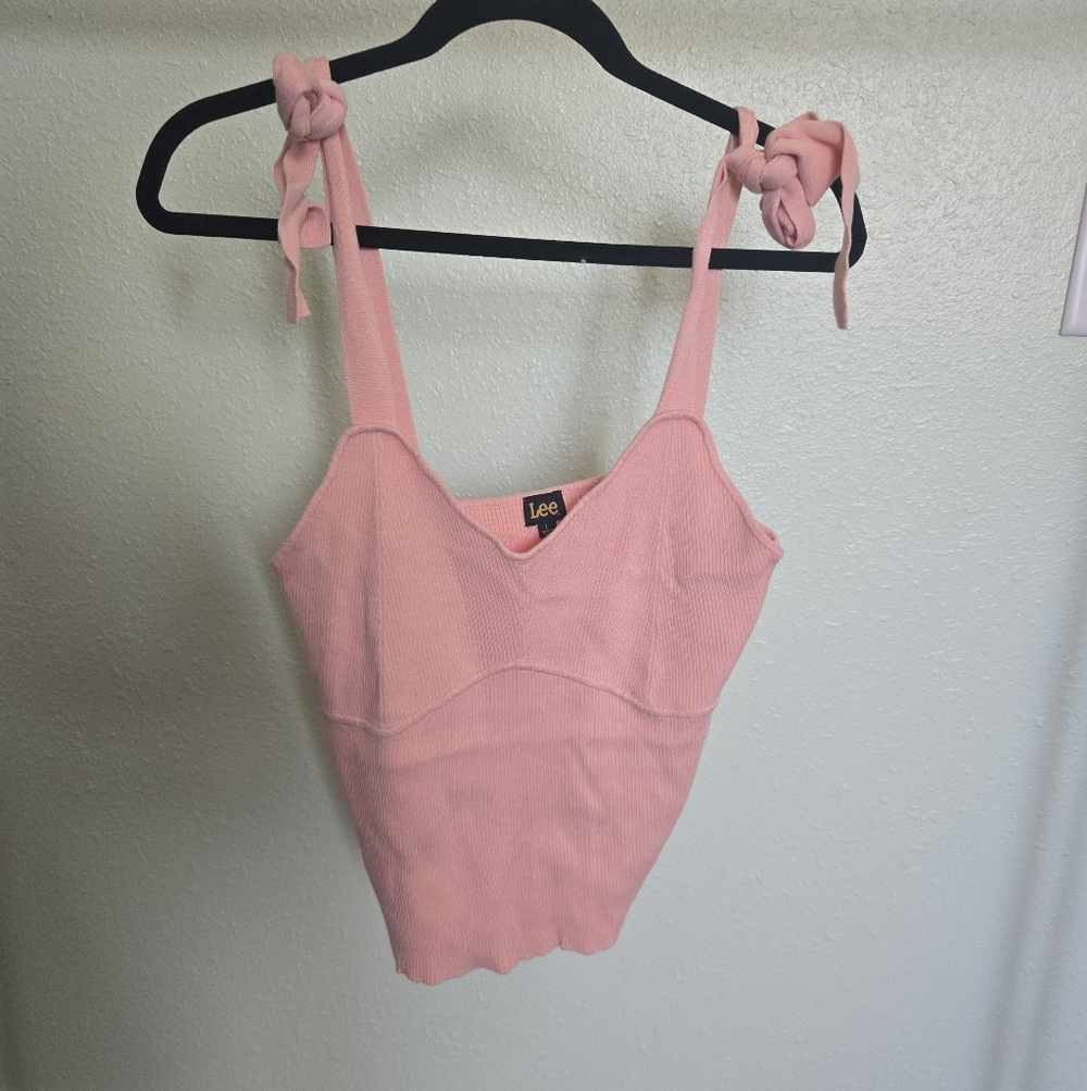 Lee Pink Tie-Shoulder Ribbed Tank